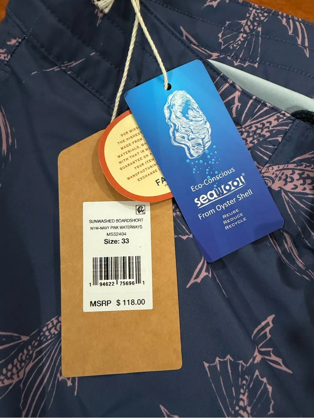 NWT Faherty Mens Navy Pink Waterways Print Sunwashed Boardshorts Sz. 33